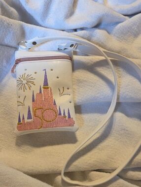 Source Unknown White Crossbody Bag with Pink & Purple Castle‎ Embroidery